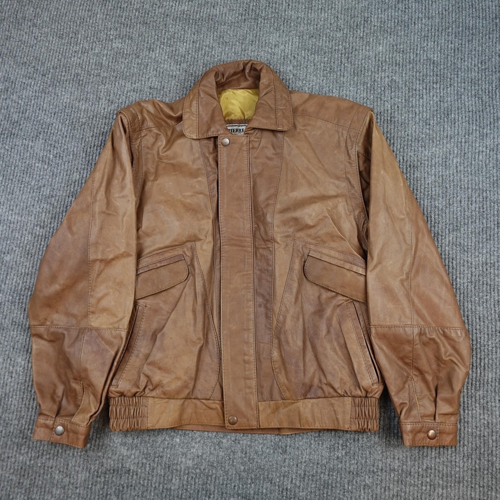 Pierre Balmain Leather Jacket Mens Large Brown Bomber Full Zip Lined Collared